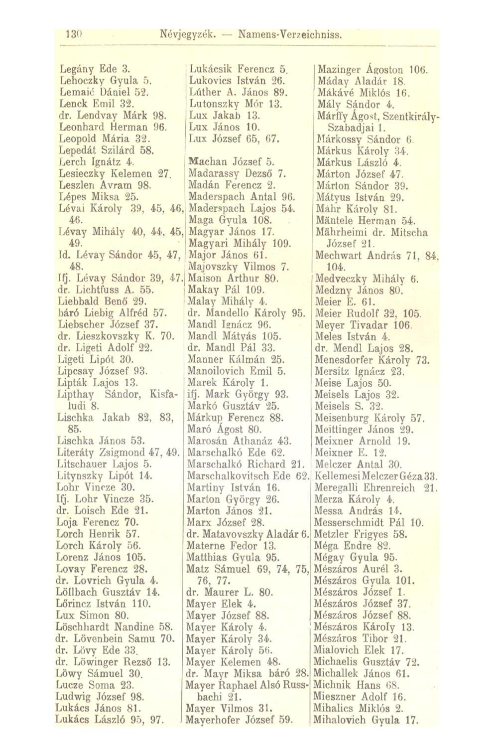 Névjegyzék. Namens-Verzeichniss. Legány Ede 3. Lehoczky Gyula 5. Lemaié Dániel 52. Lenek Emil 32. dr. Lendvay Márk 98. Leonhard Hermán 96. Leopold Mária 32. Lepedát Szilárd 58. Lerch Ignátz 4.