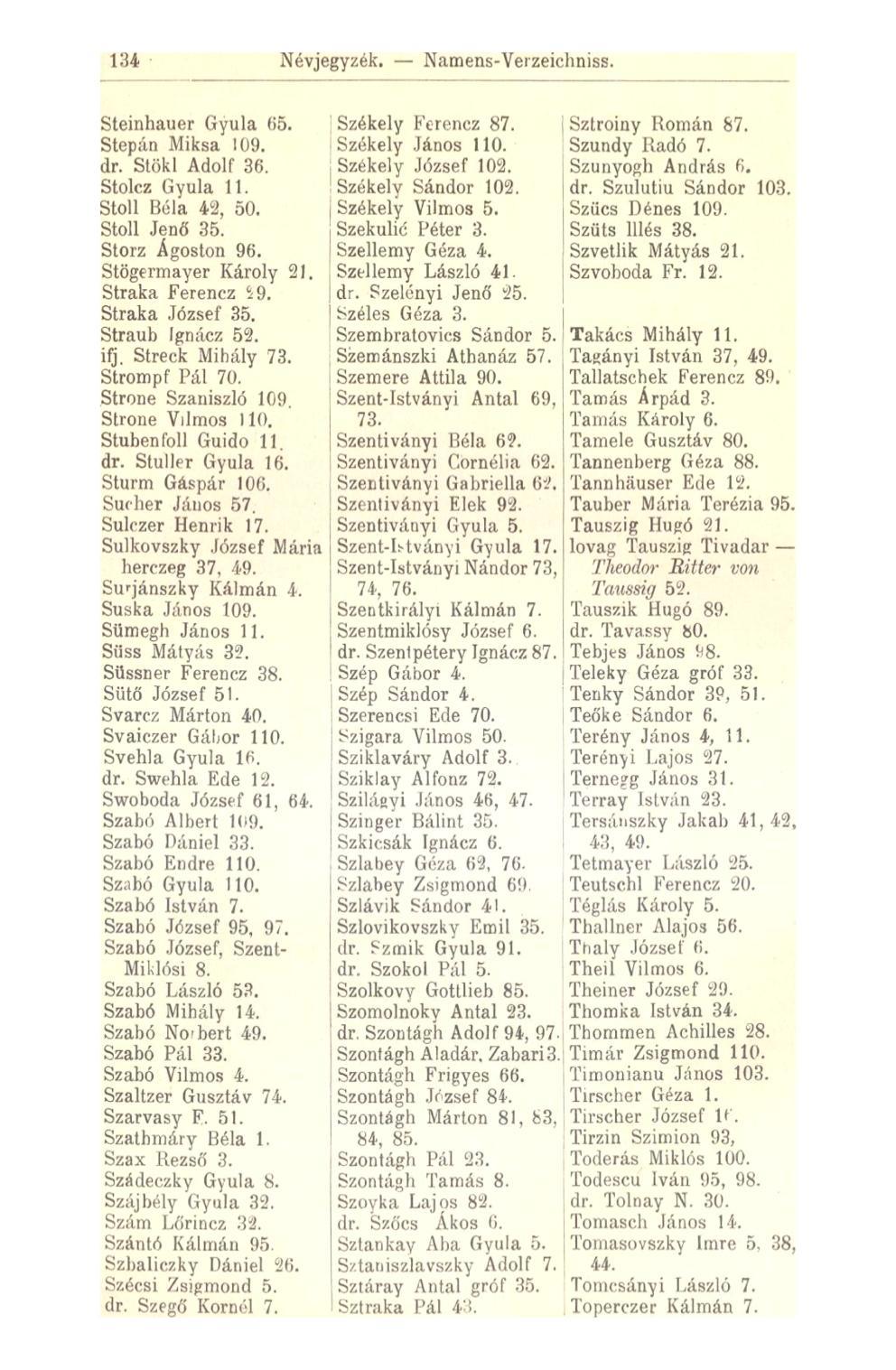 134 Névjegyzék. Namens-Yerzeichniss. Steinhauer Gyula (55. Stepán Miksa 109. dr. Stökl Adolf 36. Stolcz Gyula 11. Stoll Béla 42, 50. Stoll Jenő 35. Storz Ágoston 96. Stögermayer Károly 21.