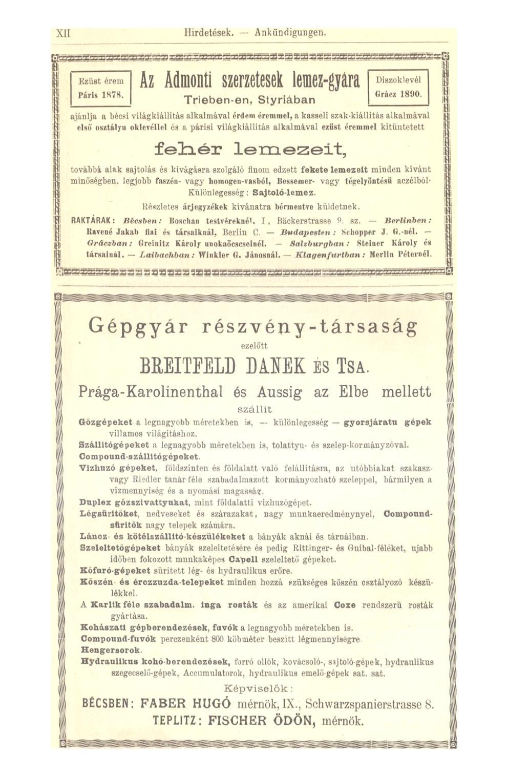 XII Hirdetések. Ankündigungen. IM I k?a Ezüst érem Paris 1K7H. Az Admonti szerzetesek lemez-gyára Trieben-en, Styriában Díszoklevél (iráez 181)0.