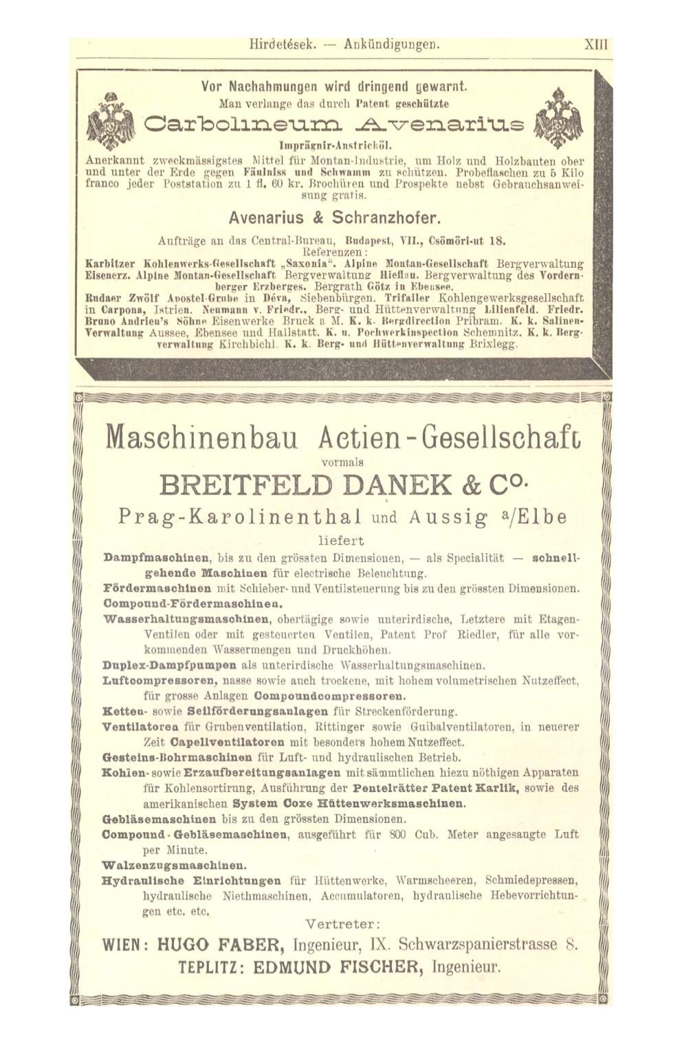 Hirdetések. Ankündigungen. XIII Vor Nachahmungen wird dringend gewarnt. Man verlange das durch Patent geschützte Oarloolineiam. ^.venaxitis Imprsiiciiir-Anstrirljöl.