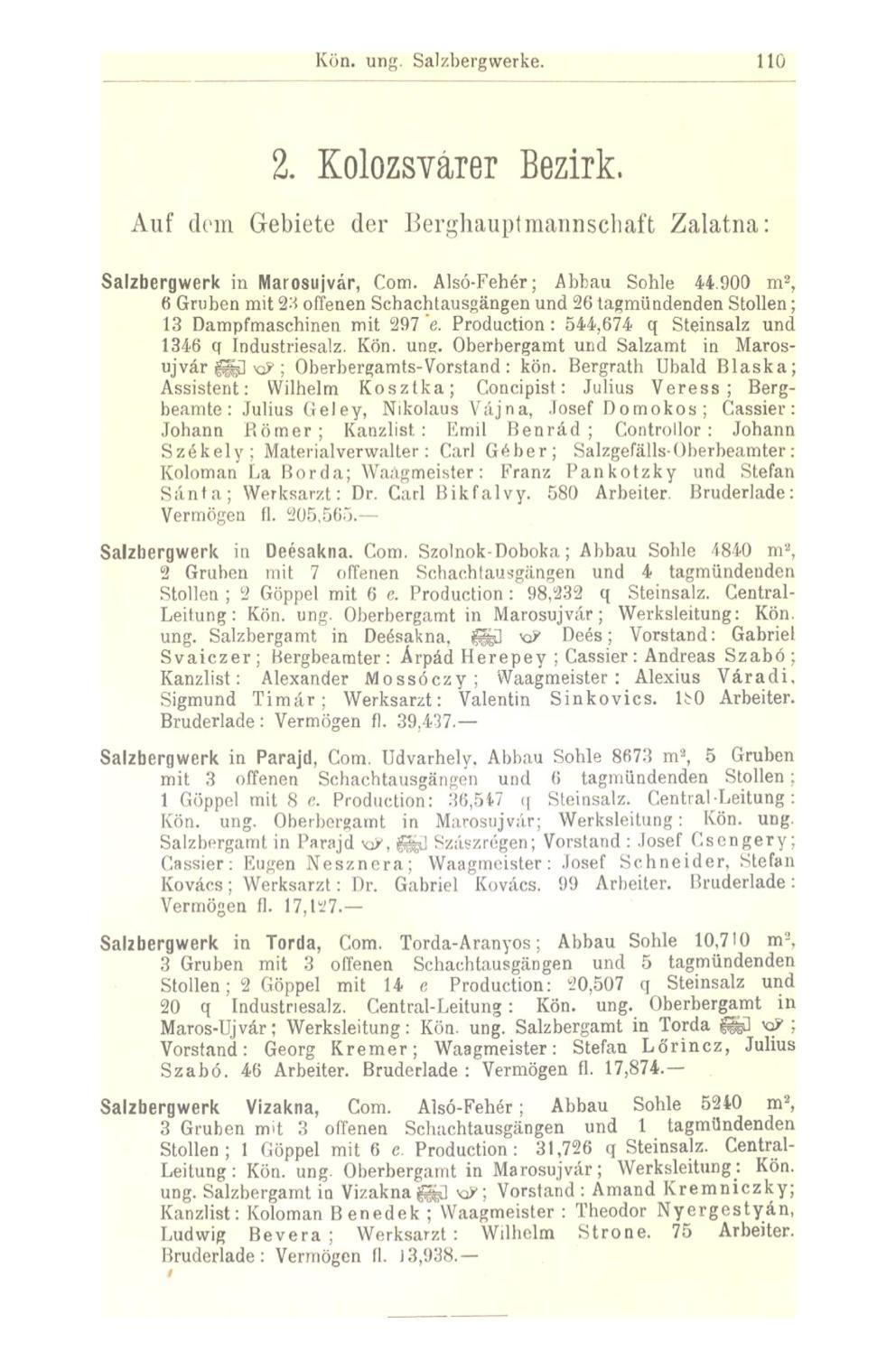 Kön. ung. Salzbergwerke. 110 2. Kolozsvárer Bezirk. Auf dem Gebiete der Berghauptmannsehaft Zalatna: Salzbergwerk in Marosujvár, Com. Alsó-Fehér; Abbau Sohle 44.