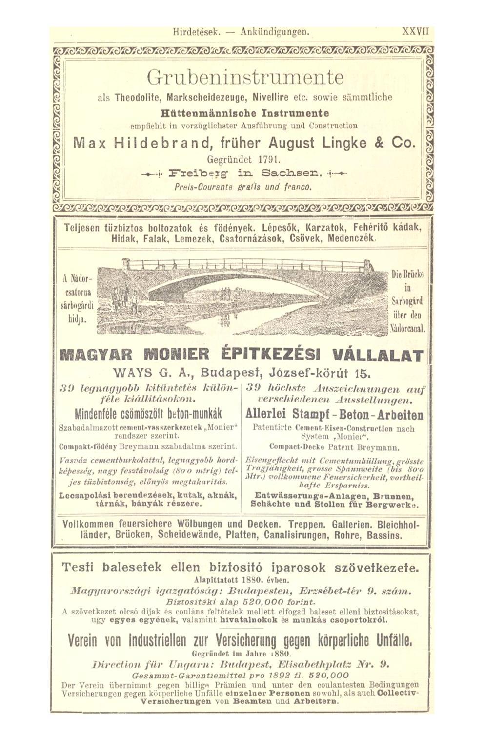 Hirdetések. Ankündigungen. XXVÍÍ Grubeninstrumente als Theodolite, Markscheidezeuge, Nivellire eic.