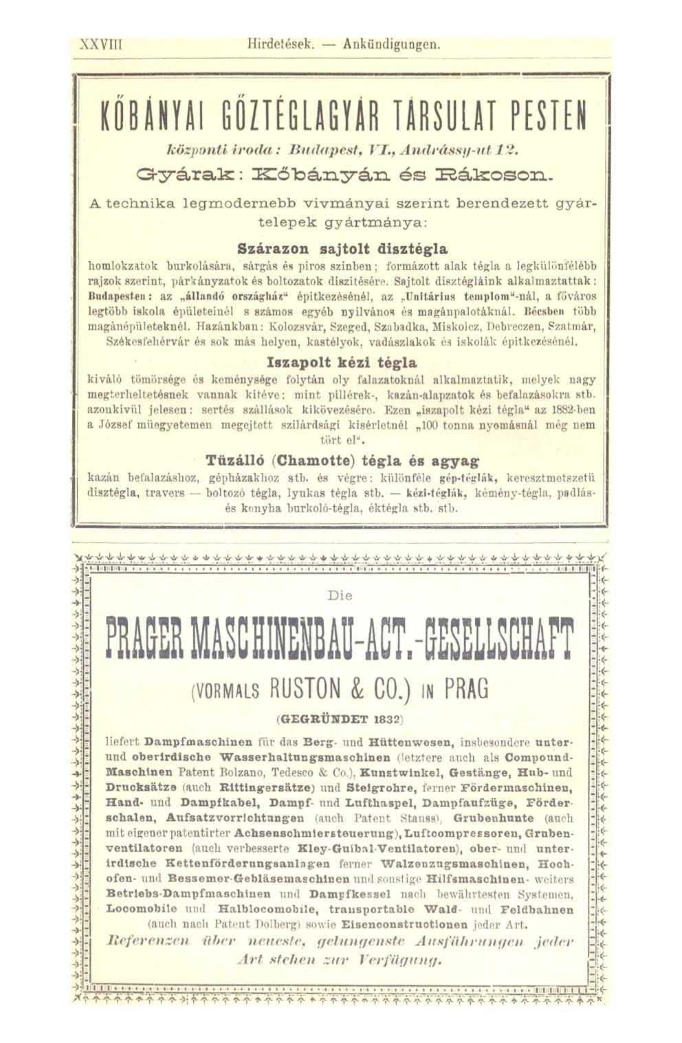 XXVIII Hirdetések. Ankündigungen. KŐBÁNYAI GQZTÉGLAGYÁR TÁRSULAT PESTEN kőzpúnti iroda : Jíudapest, II., Andrássg-ut /V.