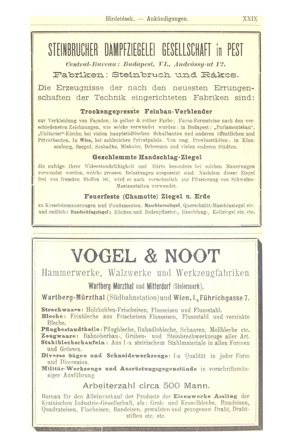 Hirdetések. Ankündigungen. XXIX STEINBRUCHER DAMPFZIEGELEI GESELLSCHAFT in PEST Central-Ii ureau: Budapest, TT., Andrássy-nt 12. ITalorlikien: Steiiribr-ucli u n d K a i r o s.