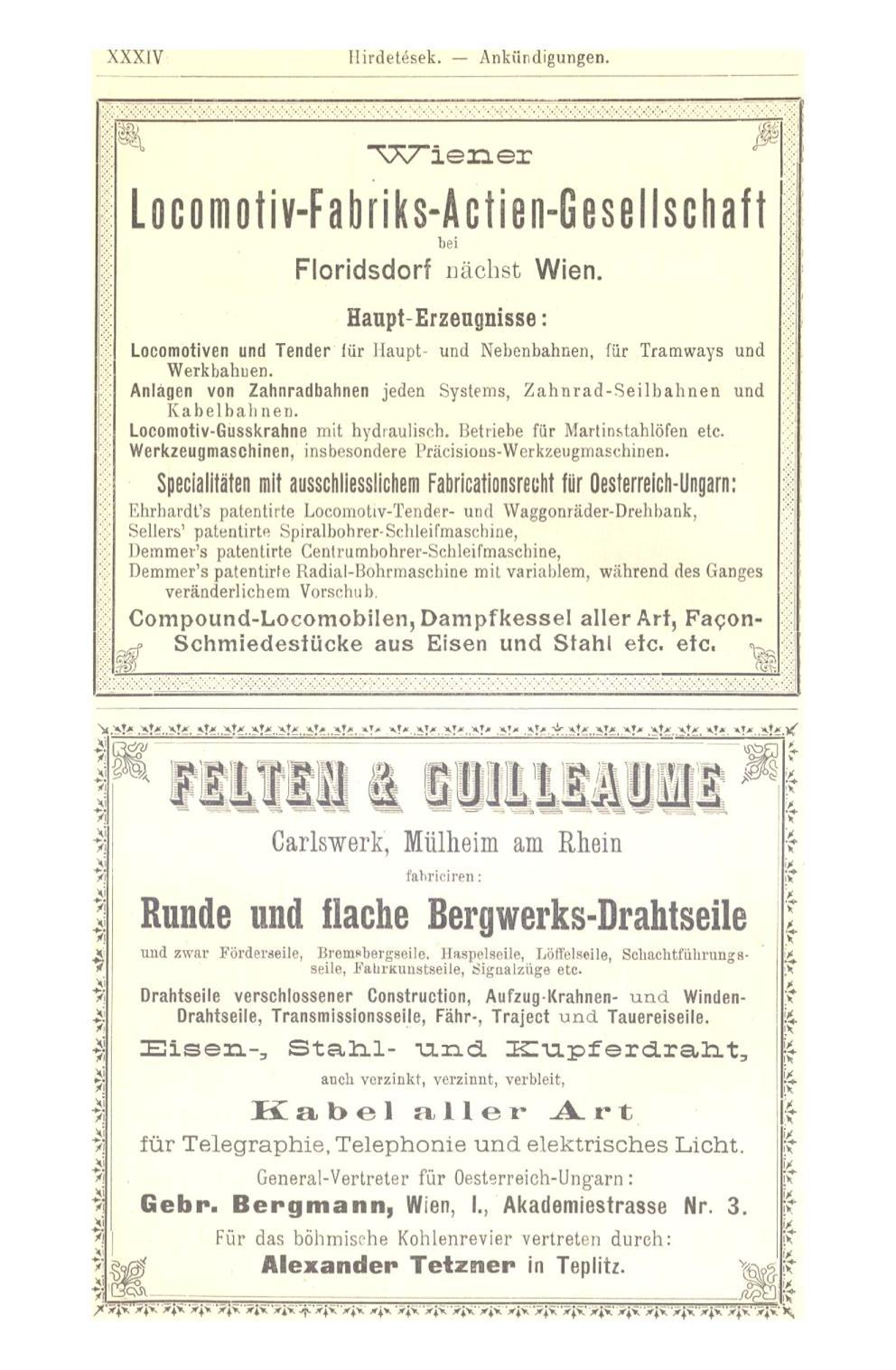 XXXIV Hirdetések. Ankündigungen. ÜL " W i e n e r L o c o ni o t i v-f a b i i k s-ä c i i e n-g esellschaft bei Floridsdorf nächst Wien.