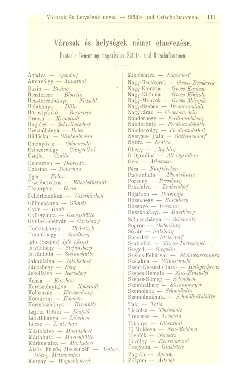 Városok és helységek nevei. Städte und Ortschaftsnamen«111 Városok és helységek német elnevezése. Deutsche Bcnennnng ungarischer Städte- und Ortschaftsnamen.