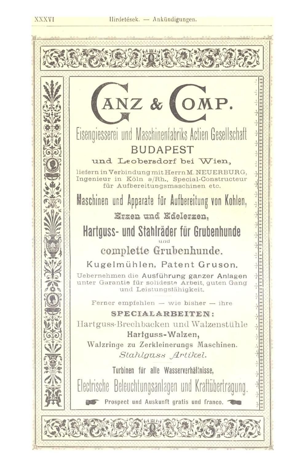 XXXVI Hirdetések. Ankündigungen. 0*9 (AN: m i ;n BUDAPEST u n d Leobersdorf bei "\A7~ien, liefern in Verbindungmit HerrnM. NEUERBURG, Ingenieur in Köln a/rh.