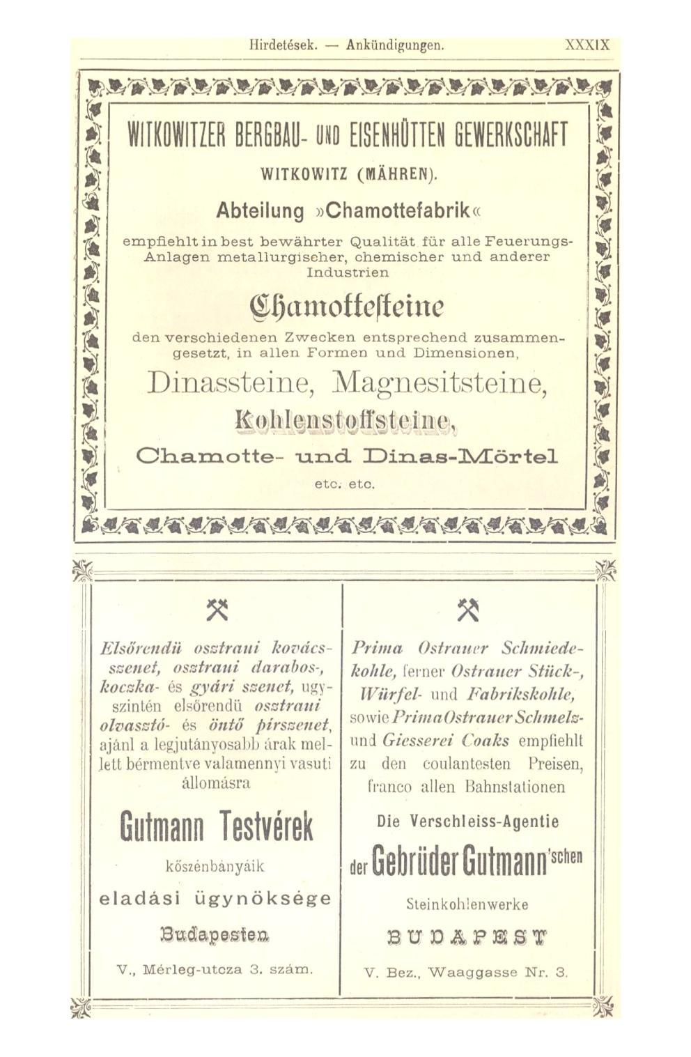 Hirdetések. Ankündigungen. XXXIX WITKOWITZER BERGBAU- UNO EISENHÜTTEN WITKOWITZ (MÄHREN).