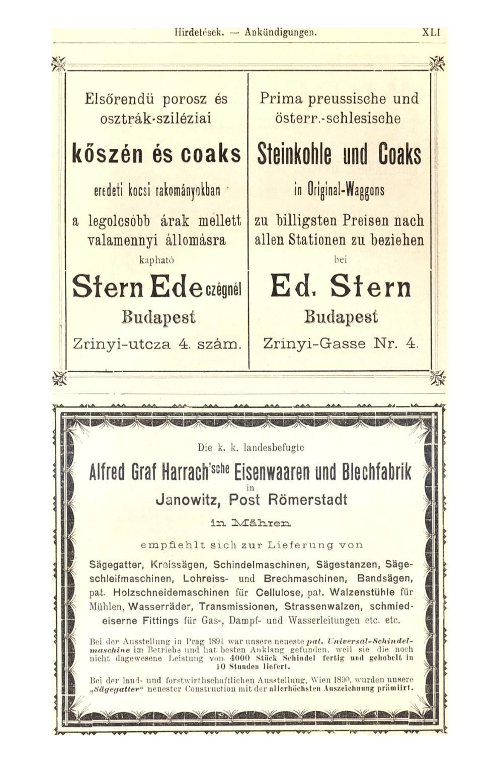 Hirdetések. Ankündigungen. XLI SS Elsőrendű porosz és Prima preussisehe und osztrák-sziléziai österr.