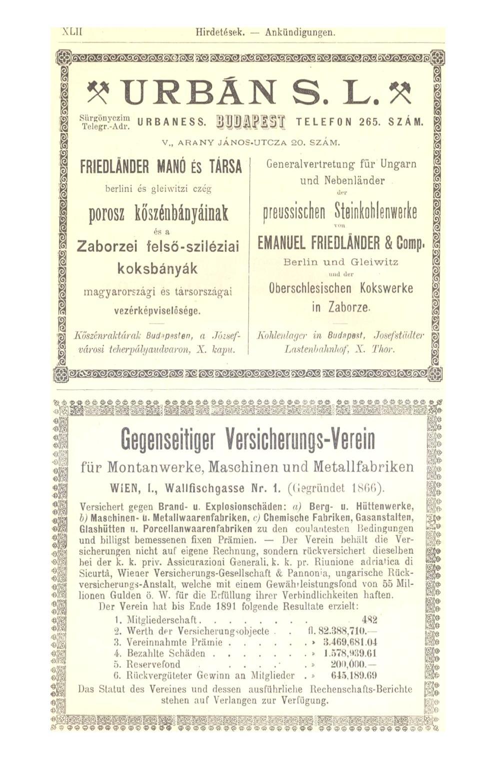 XLII Hirdetések. Ankündigungen. 15? ú r b a n s. L. H 1 Ä URBANESS. I l l t l I H TELEFON 265. SZÁM.