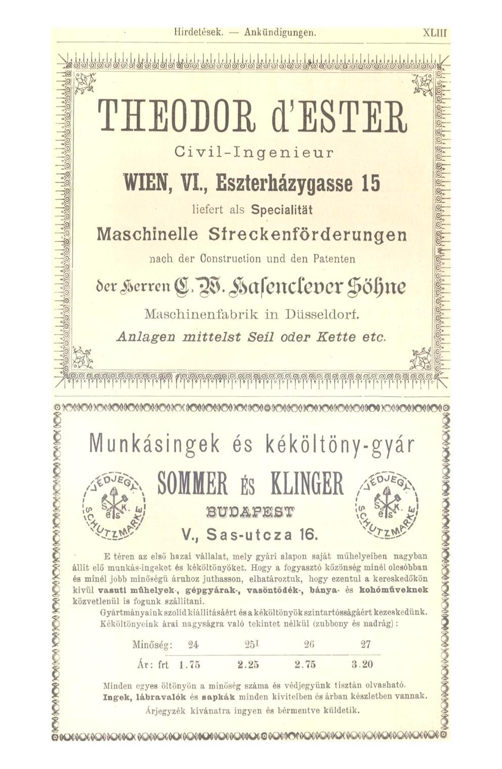 Hirdetések. Ankündigungen. XLIII THEODOR. (TESTER Civil-Ing enieur WIEN, VI.