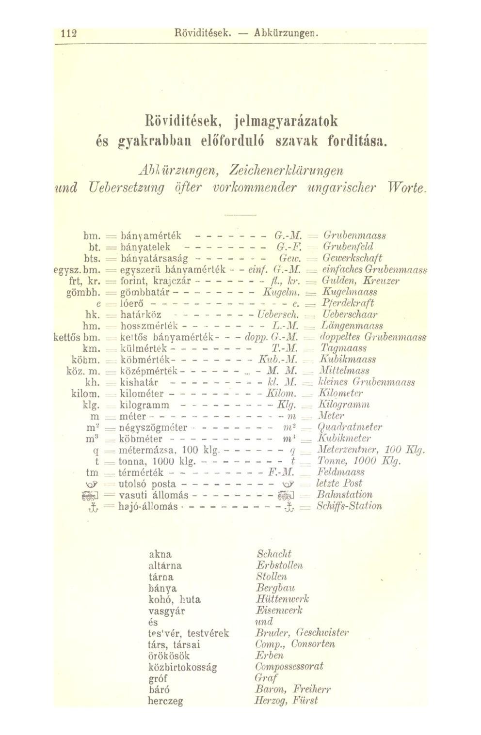 112 Rövidítések. Abkürzungen. Rövidítések, jelmagyarázatok és gyakrabban előforduló szavak fordítása. Ahl ür zungen, Zeichenerklärungen und Übersetzung öfter vorkommender ungarischer Worte. bm.