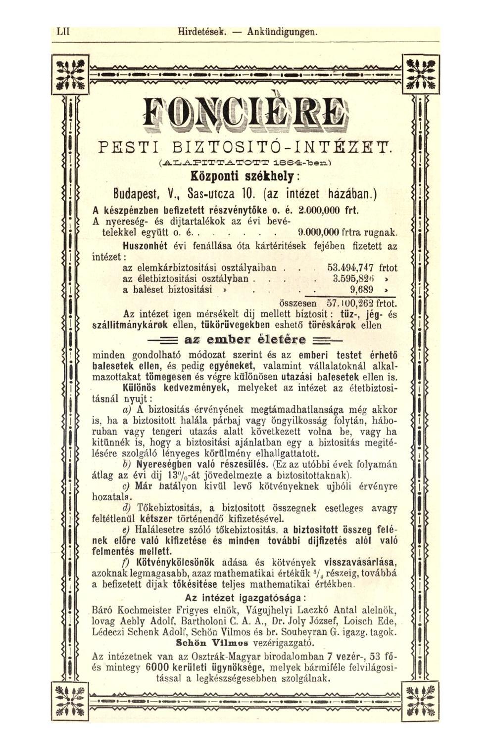 Ul Hirdetések. Ankündigungen. i i i i i i i i P E S T I B I Z T O S Í T Ó - I N T É Z E T. (ALAPÍTTATOTT ISS^-loerO Központi székhely: Budapest, V., Sas-utcza 10. (az intézet hazában.