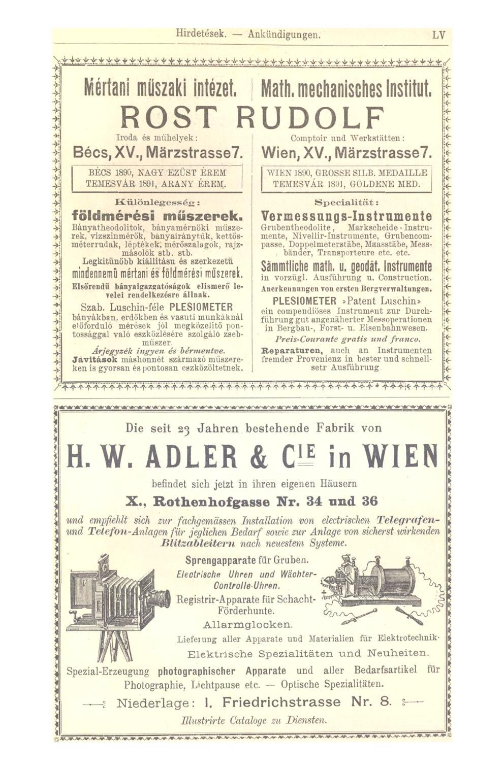 Hirdetések. Ankündigungen. LV mi műszaki intézet. Math, mechanisches Institut. R O S T R U D O L F Iroda és műhelyek: Comptoir und Werkstätten: Bécs, XV., Märzstrasse7.