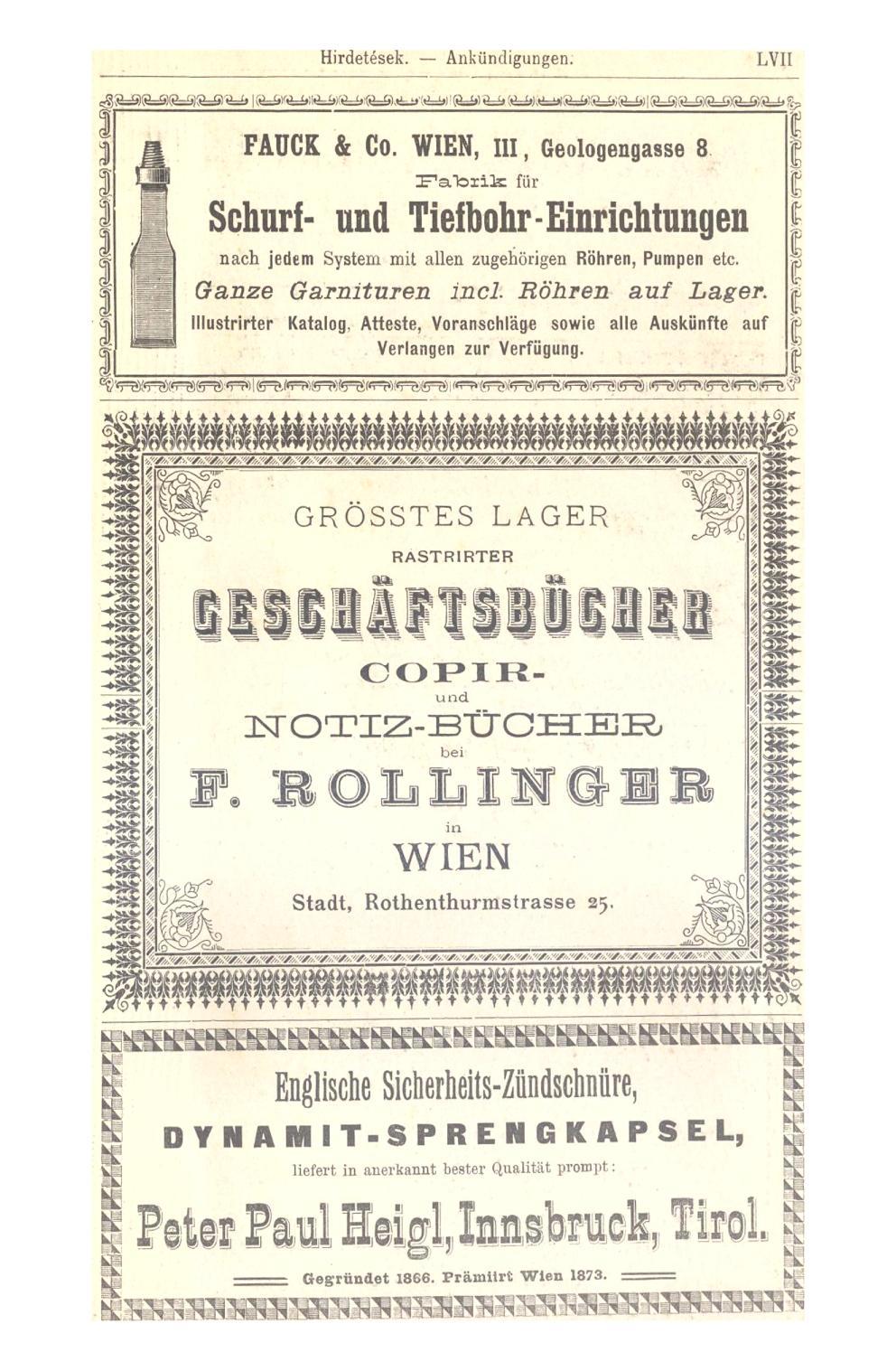 Hirdetések. Ankündigungen. LVII FAUCK & Co. WIEN, III, Geologengasse 8 I^aTorJJs: für \ Schürf- und Tieíbohr - Einrichtung en nach jedem System mit allen zugehörigen Röhren, Pumpen etc.