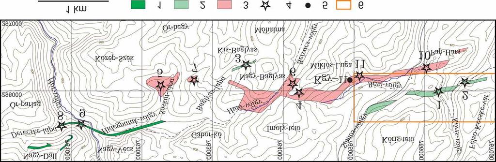 Földtani Közlöny 146/1 (2016) 13 1. ábra. A Hór-völgytől a Felső-Kecske-várig terjedő terület áttekintő térképe a metavulkanit-kibúvásokkal 1 tűzköves mészkőbe települt rétegszerű testek (A csoport).