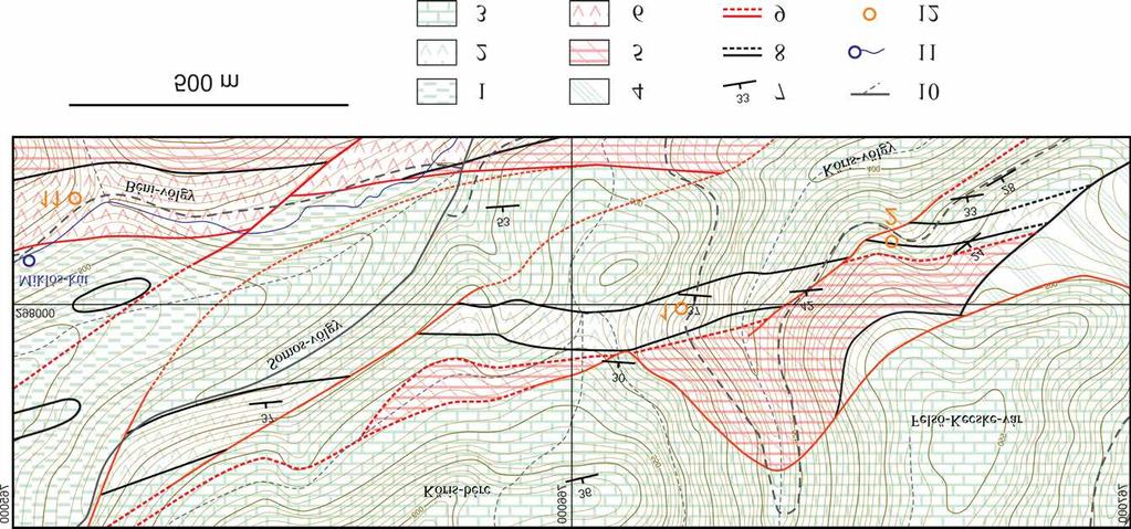 ábra térképének szegélye Figure 1. Sketch map of the metavolcanic outcrops on the area extending from Hór Valley to Felső-Kecske-vár Hill 1 Stratiform bodies interbedded in cherty limestone (Group A).