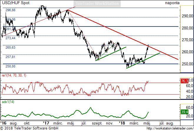 USD/HUF napi USD/HUF napi: A fő csökkenő trend tesztelése megtörtént; megnőtt az esélye, hogy ezt megtörje és fordulat induljon. Jelenleg eléggé túlvett; kis pihenés jót tenne az árfolyamnak.