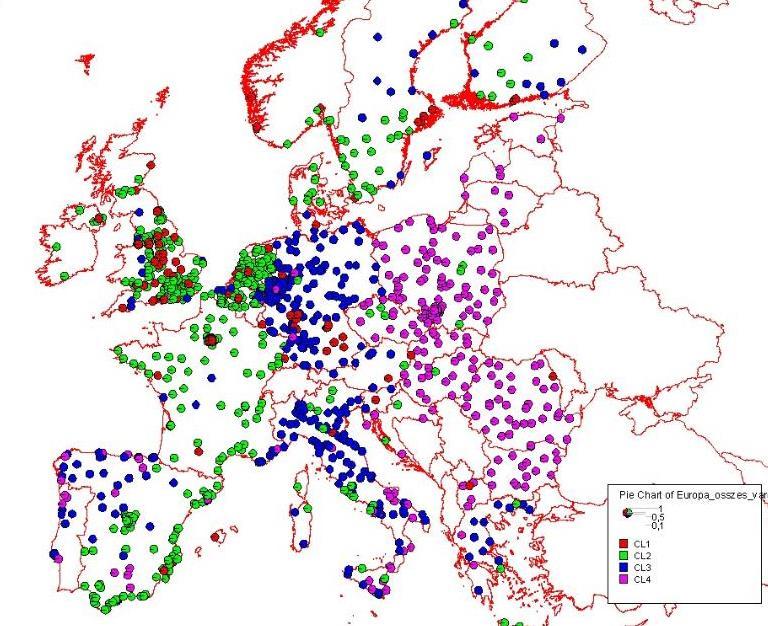 13 A városok fejlettségi csoportjainak területi megoszlása Forrás: www.citypoulation.de; http://epp.eurostat.ec.europa.