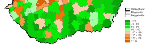 ábra: A statisztikai kistérségek egy főre eső jövedelemszintje az országos átlaghoz viszonyítva 1988-ban, % (saját szerkesztés a PM-APEH és a KSH adatai alapján) 12.