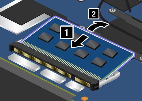 6. A memóriamodul rovátkás végével az aljzat érintkező felülete felé illessze be a memóriamodult 1 kb. 20 fokos szögben az aljzatba, majd határozottan nyomja meg 2. 7.