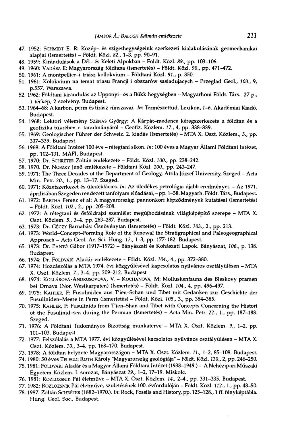 JÁMBOR к.: BALOGH Kálmán emlékezete m 47. 1952: SCHMIDT Б. R: Közép- és szigethegységeink szerkezeti kialakulásának geomechanikai alapjai (Ismertetés) - Földt. Közi. 82., 1-3, pp. 90-91. 48.