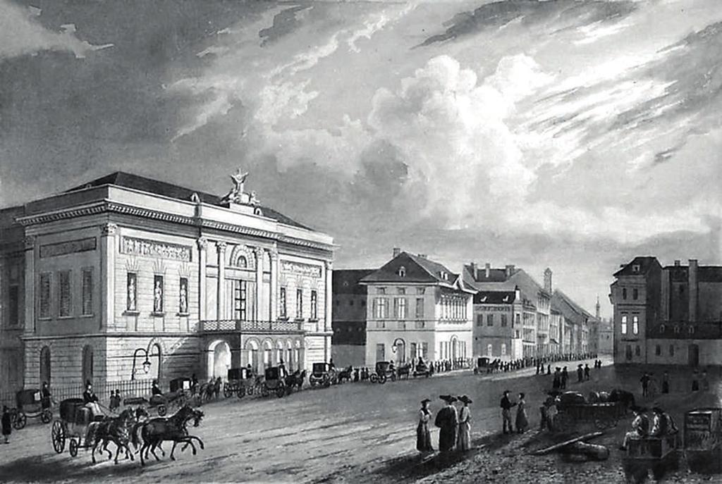 Az első Nemzeti Színház épülete a mostani Astoriánál, az 1830-as években.