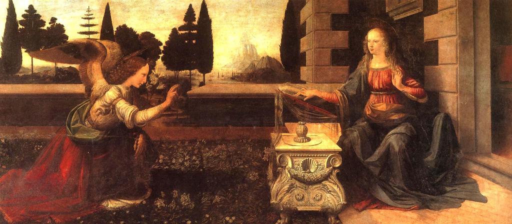 Leonardo: Angyali üdvözlet (1472-5) Első fennmaradt műve, oltárkép
