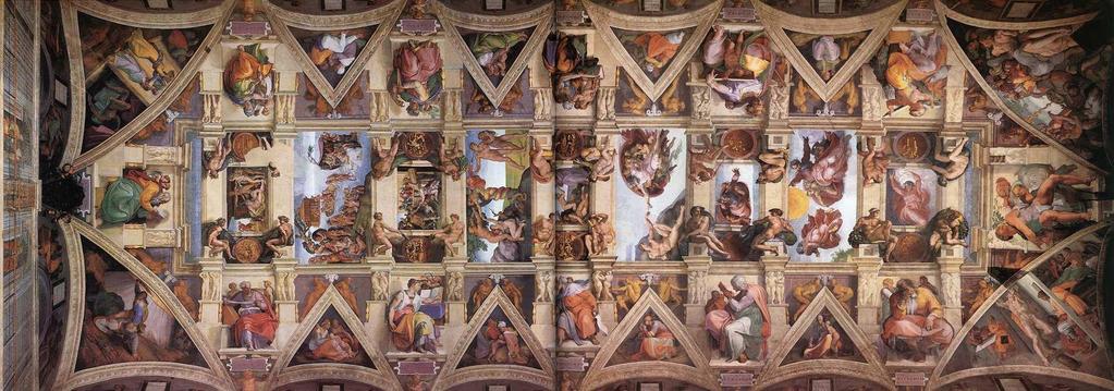 A Sixtusi kápolna mennyezetfreskói Róma, Vatikán, 1508-12 Fény és sötétség szétválasztása - Nap és Hold teremtése - Föld és víz szétválasztása - Ádám teremtése - Éva teremtése - Bűnbeesés és kiűzetés