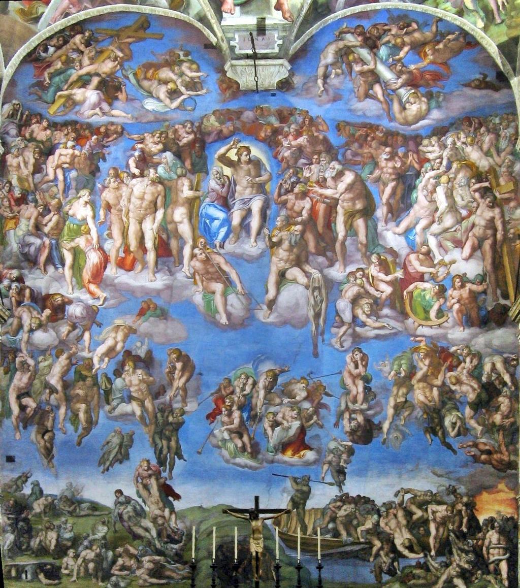 Az utolsó ítélet A mennyezet festése után 22 évvel készítette Zsúfolt kompozíció, minimális tájképi ábrázolás Uralkodó színei a kékesrózsaszín