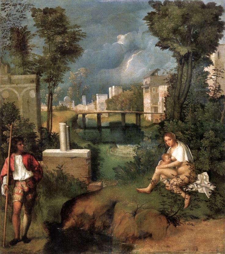 1506?, Velence, Gallerie dell' Accademia, 82 73cm Tájkép vásznon, viharral, cigányasszonnyal meg egy katonával (eredetileg itt is egy akt volt) Az első világi festő (nem vallási