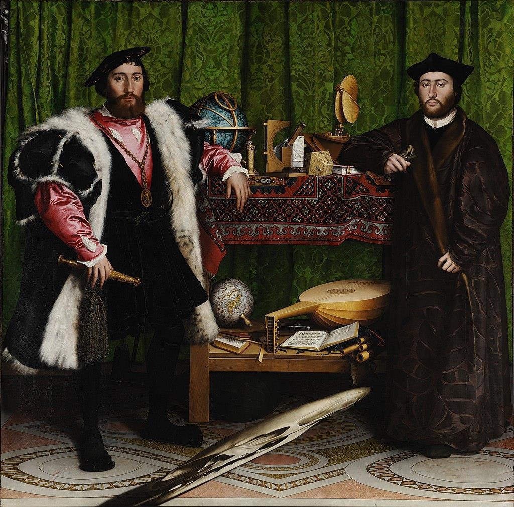 Ifj. Hans Holbein: Francia követek képmása 1533 London, National Gallery 209,5x207cm, olaj és tempera, fa Allegorikus festmény a realista ábrázolású portré mögött