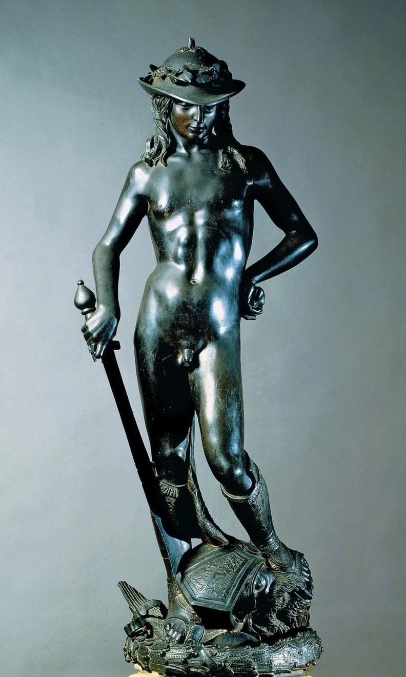 Donatello: Dávid 1430-40 Firenze, (Museo Nazionale) Cosimo Medici megrendelése 158cm, bronz Reneszánsz új irányzata (humanizmus) Ókori minták, harmonikus arányok,