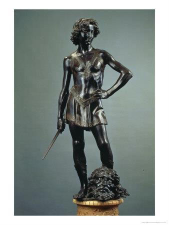 Verrocchio: Dávid 1473-75, Firenze, Museo del Bargello 124 cm, bronz Küzdelem utáni pillanat Erősen kontraposztos ábr.