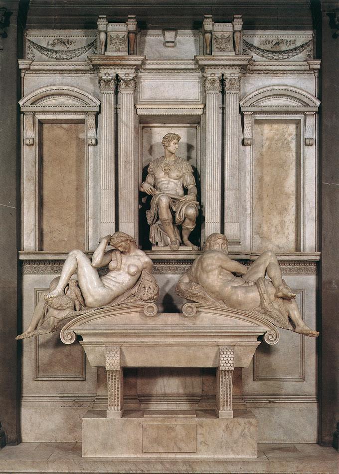 Michelangelo: Giuliano Medici síremléke Giuliano, mint hadvezér, alatta szarkofágon Nappal és Éjszaka Éj kicsit eltérő ábr.