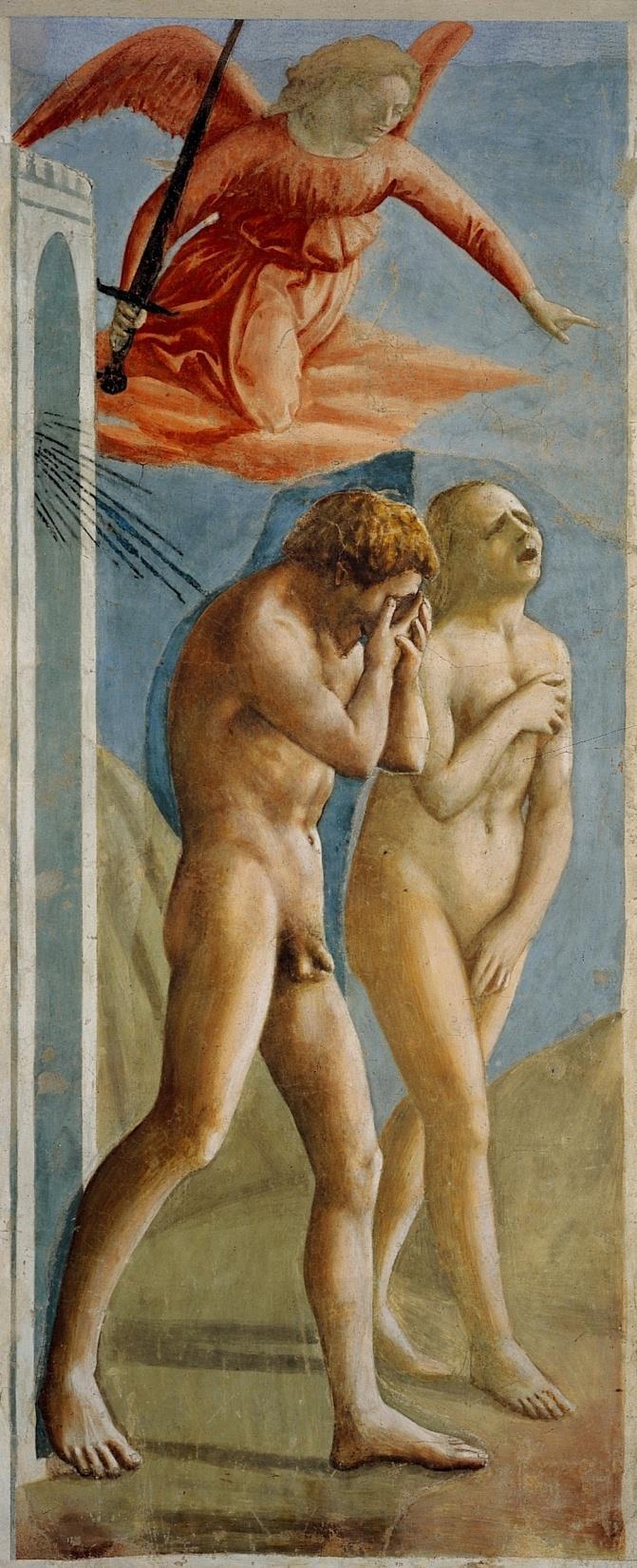Masaccio Kiűzetés a Paradicsomból Ádám, Éva, angyal meztelenek- első aktábrázolás Lépőmozgás, kilépés a Paradicsomból, emberiség sorsa