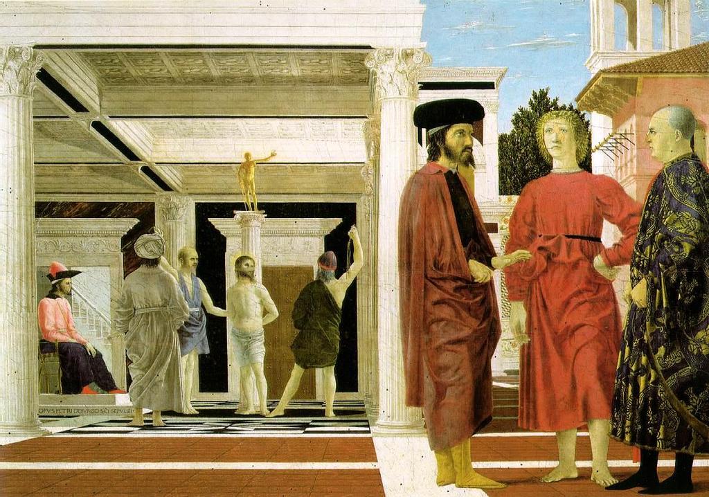 Piero della Francesca: Krisztus ostorozása A fő jelent a háttérben játszódik, a drámai hatást növelő zárt térben, Krisztus