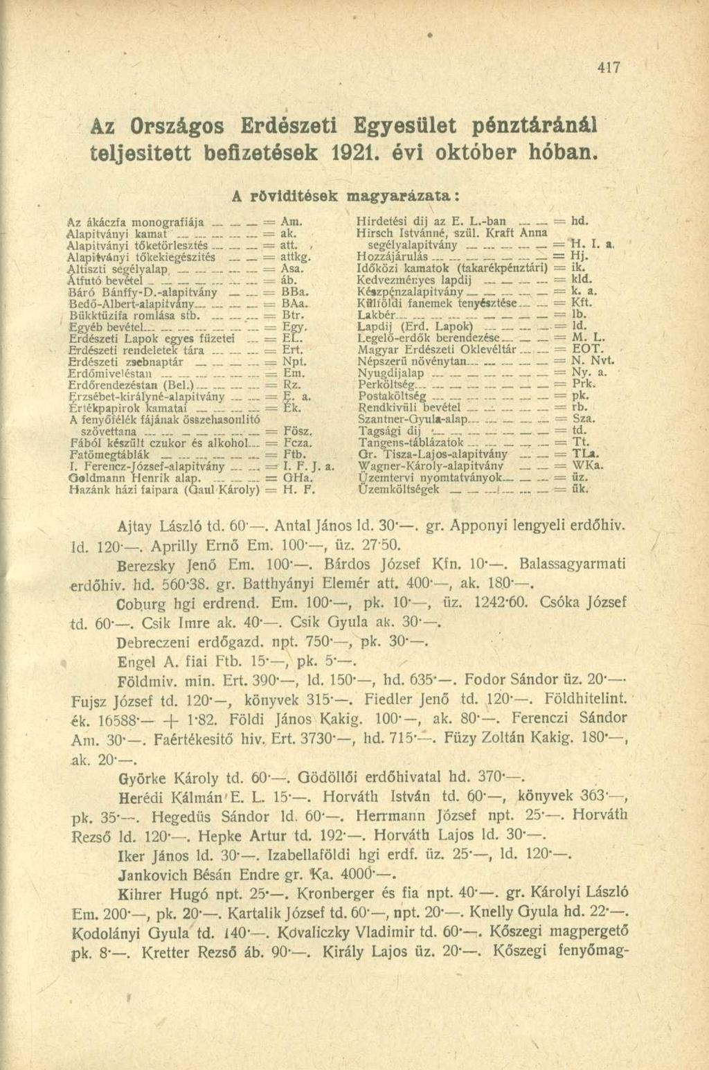 Az Országos Erdészeti Egyesület pénztáránál teljesített befizetések 1921. évi október hóban. A rövidítések magyarázata: Az ákáczfa monográfiája = Am. Alapítványi kamat - ak.