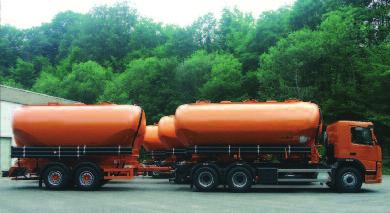 tandem pótkocsik (SAPI, ZA) 18-33 m 3 -es, 2-3 leeresztőkúpos, 2-6 kamrás Konténerek (CK) 20 láb/26 m 3, 30 láb/42 m 3, 40 láb/56 m 3 Minden járműtípus nyomástartó edény 2 bar üzemi nyomásra.