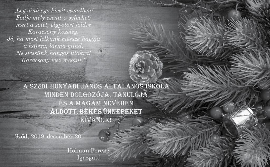 10 Sződiek Híradója 2018. tél Oktatás - nevelés Eseménynaptár December 6. Mikulás ünnepség December 20. Osztálykarácsonyok December 21. Január 4. Téli szünet Január 19.