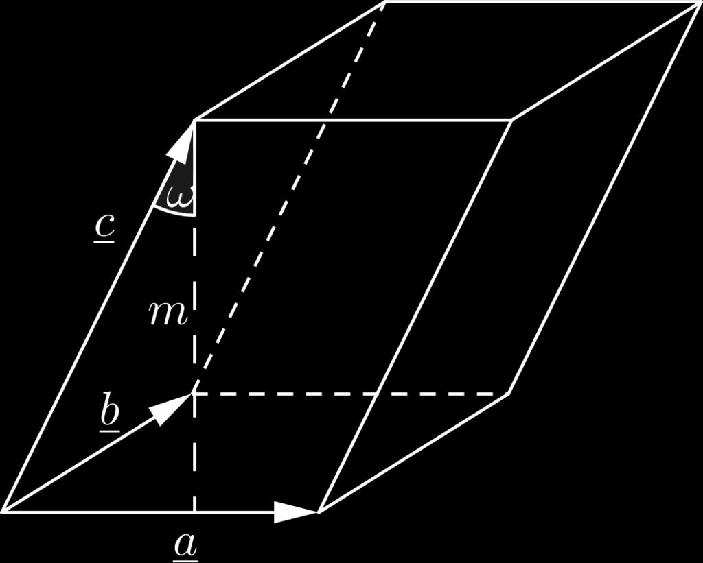 vektorok, és tekintsük az általuk kifeszített paralelepipedont Ennek alapterülete az a, b vektorok által kifeszített paralelogramma területe, amely mint már láttuk T = a b, magassága pedig m = c cos
