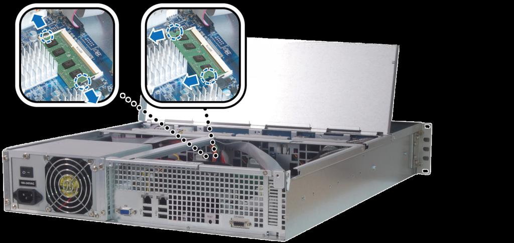 A RAM modul eltávolítása: 1 A RackStation fedőlapjának eltávolításához kövesse A RAM modul behelyezése című fejezet 1.