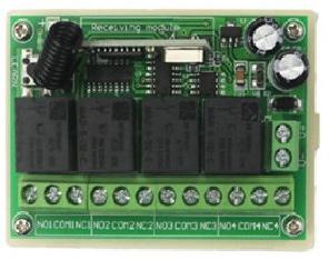 Dekóder chip : PT2262/PT2264/SC2262, EV1527 tanulási-kód Tápellátás: 12 V DC/8 ma + 40 ma (relé működtetés) Méretek: 80 x 38 x 21 mm, 0.05 kg RF-RK04S-12 4 csatornás rádiós vevőegység Frekvencia: 433.