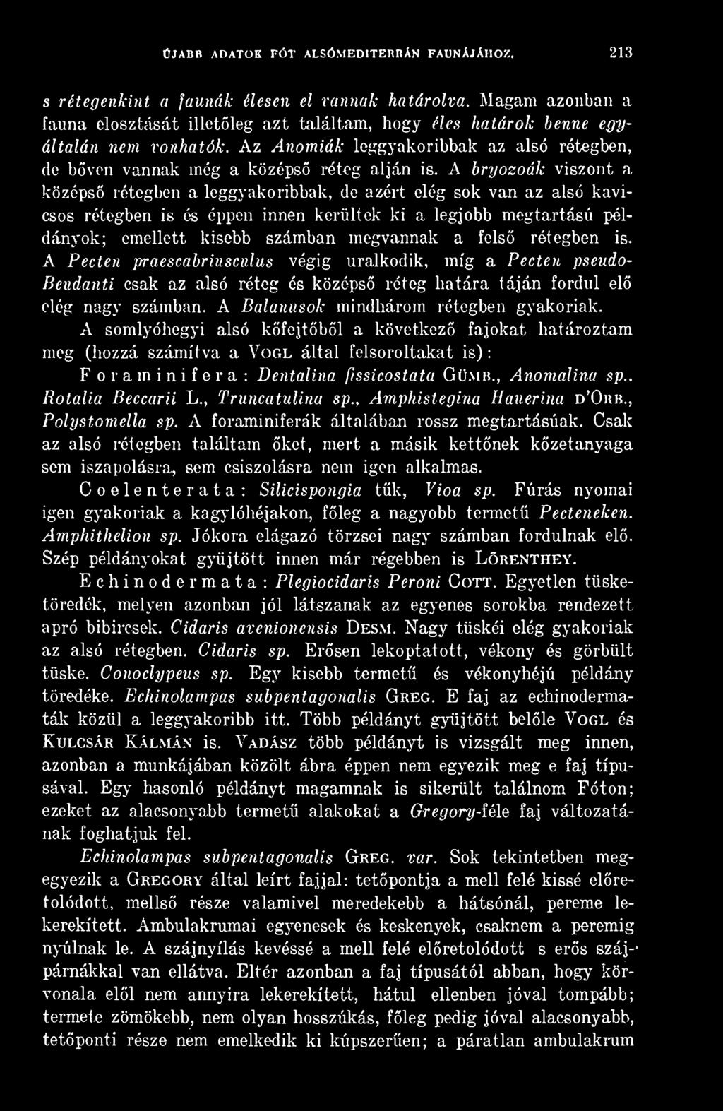 A bryozoák viszont a középs rétegben a leggyakoribbak, de azért elég sok van az alsó kavicsos rétegben is és éppen innen kerültek ki a legjobb megtartású példányok; emellett kisebb számban megvannak