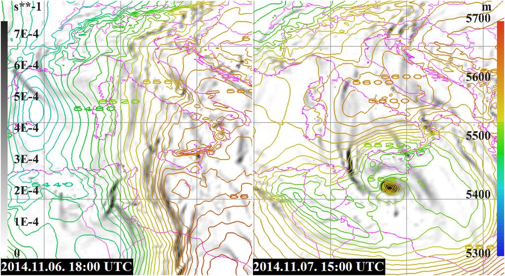 23. ábra - 500-1000 hpa-os rétegvastagság (m, színes vonalak), valamint 850 hpa-os relatív örvényesség (1/s, szürke árnyalatok) a Qendresa ciklon környezetében a jelzett időpontokban 5.3.4.