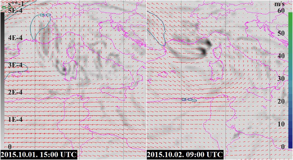 48. ábra - 300 hpa-os szélmező (m/s, nyilak és színes vonalak), valamint 300 hpa-os divergencia (1/s, szürke árnyalatok) a Tünde ciklon környezetében a jelzett időpontokban 7.3.2.