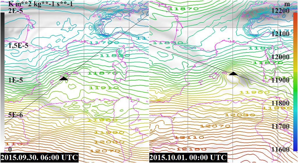 49. ábra - 200-1000 hpa-os rétegvastagság (m, színes vonalak), valamint 300 hpa-os potenciális örvényesség (Km 2 /kgs, szürke árnyalatok) a Tünde ciklon környezetében a jelzett időpontokban Ezt