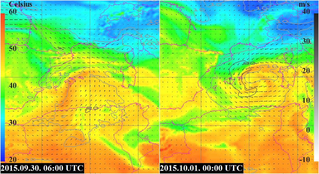 54. ábra - 850 hpa-os szélmező (m/s, nyilak és szürke vonalak), valamint 850 hpa-os ekvivalens potenciális hőmérséklet ( C, színezés) a Tünde ciklon környezetében a jelzett időpontokban Az