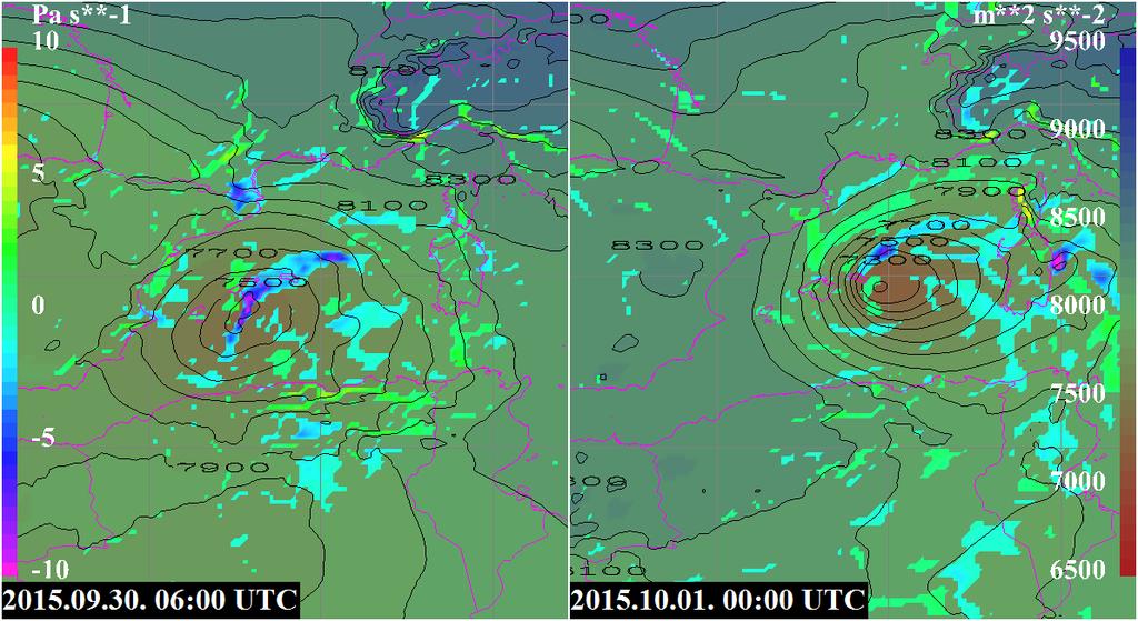56. ábra - 925 hpa-os geopotenciál (m 2 /s 2, jobb oldali színskála és fekete vonalak), valamint 850 hpa-os vertikális sebesség (Pa/s, a bal oldali színskálának megfelelő színes területek a -0,5 és