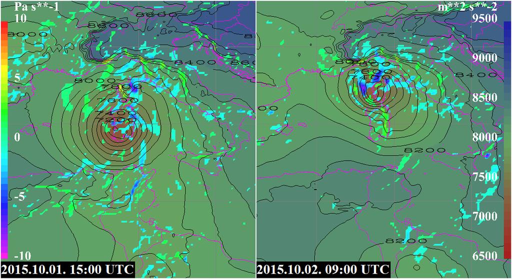 57. ábra - 925 hpa-os geopotenciál (m 2 /s 2, jobb oldali színskála és fekete vonalak), valamint 850 hpa-os vertikális sebesség (Pa/s, a bal oldali színskálának megfelelő színes területek a -0,5 és